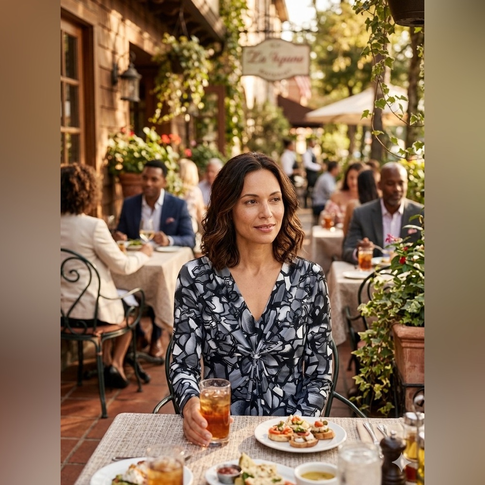 Daisy Fuentes Grey & Black Abstract Floral V-Neck Top